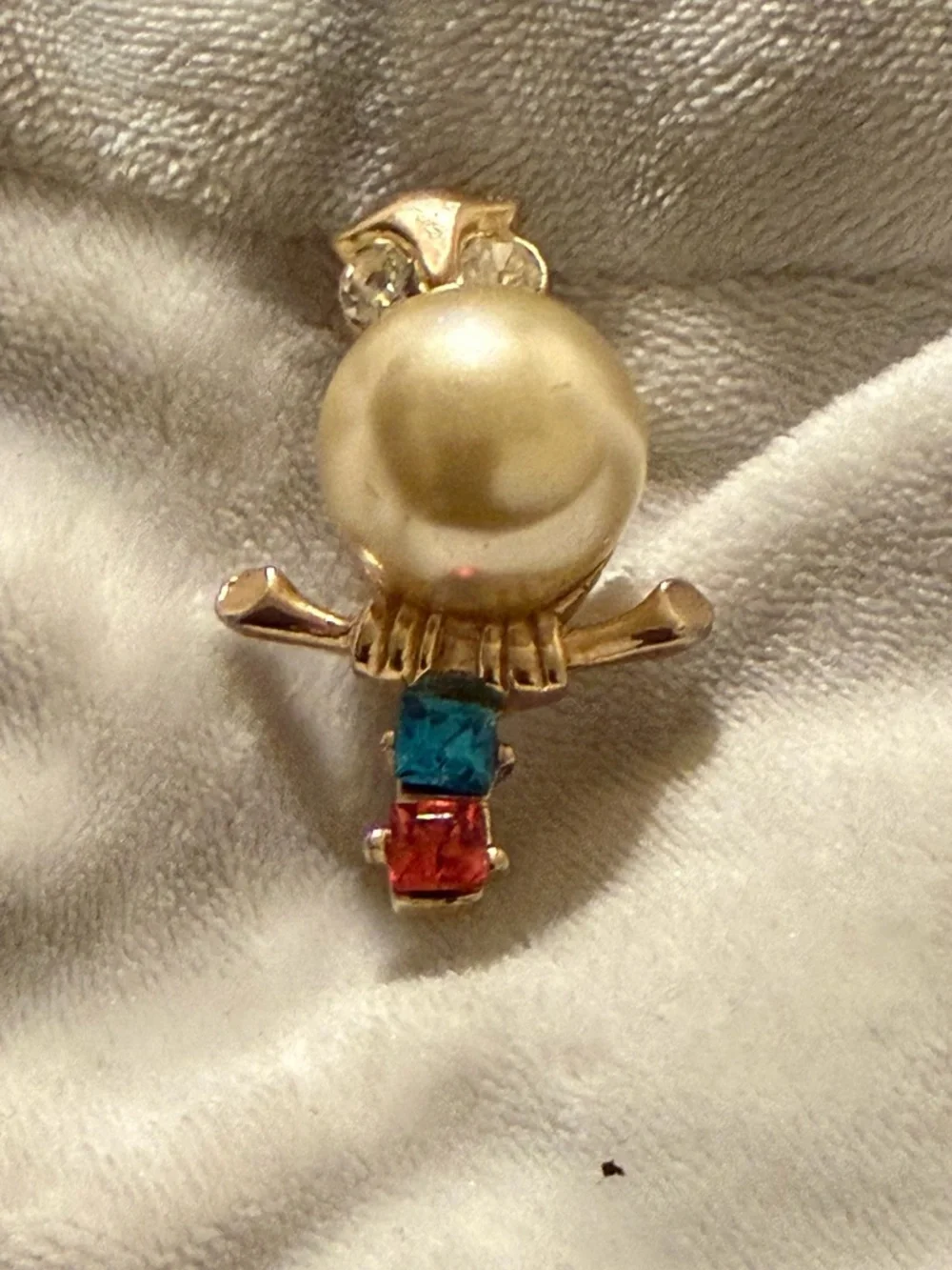 Gold-Tone Owl Brooch with Pearl and Red & Blue Stones